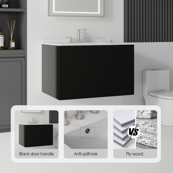 English Elm 30 Inch Wall Mounted Bathroom Vanity with Cultured Marble Top and Soft Close Door Black Carrara White B2775S00107