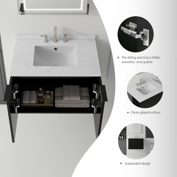 English Elm 30 Inch Wall Mounted Bathroom Vanity with Cultured Marble Top and Soft Close Door Black Carrara White B2775S00107