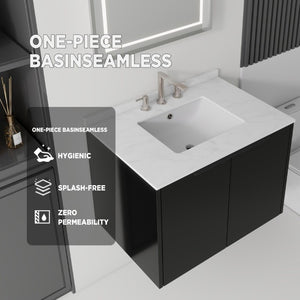English Elm 30 Inch Wall Mounted Bathroom Vanity with Cultured Marble Top and Soft Close Door Black Carrara White B2775S00107