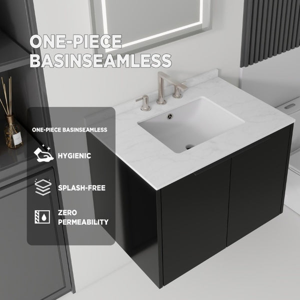English Elm 30 Inch Wall Mounted Bathroom Vanity with Cultured Marble Top and Soft Close Door Black Carrara White B2775S00107
