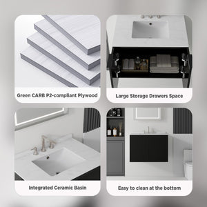 English Elm 30 Inch Wall Mounted Bathroom Vanity with Cultured Marble Top and Soft Close Door Black Carrara White B2775S00107