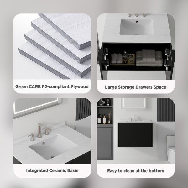 English Elm 30 Inch Wall Mounted Bathroom Vanity with Cultured Marble Top and Soft Close Door Black Carrara White B2775S00107
