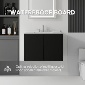 English Elm 30 Inch Wall Mounted Bathroom Vanity with Cultured Marble Top and Soft Close Door Black Carrara White B2775S00107