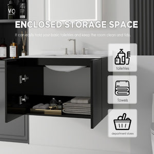 English Elm 30 Inch Wall Mounted Bathroom Vanity with Cultured Marble Top and Soft Close Door Black Carrara White B2775S00107