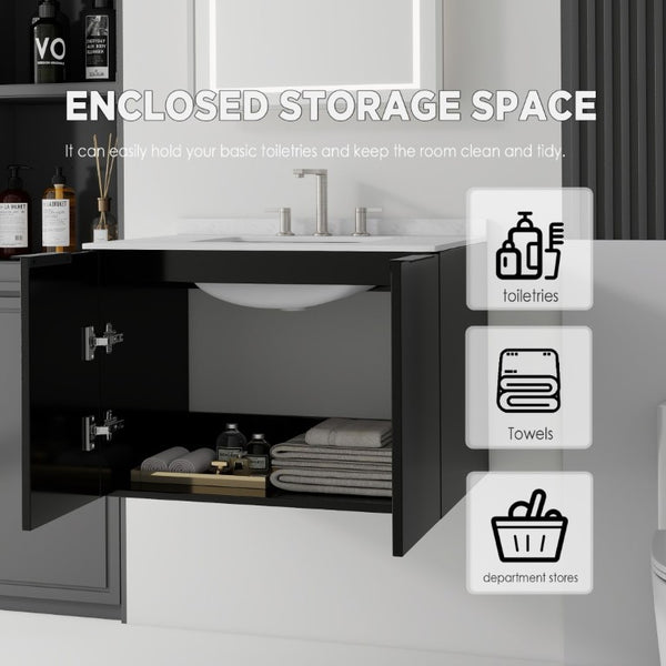 English Elm 30 Inch Wall Mounted Bathroom Vanity with Cultured Marble Top and Soft Close Door Black Carrara White B2775S00107
