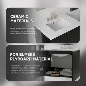 English Elm 30 Inch Wall Mounted Bathroom Vanity with Cultured Marble Top and Soft Close Door Black Carrara White B2775S00107
