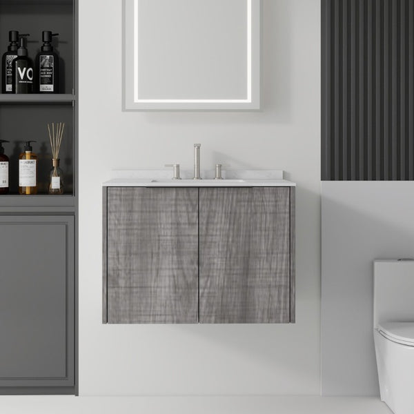 English Elm 30 Inch Wall Mounted Bathroom Vanity with Cultured Marble Top and Soft Close Door Grey Carrara White - B B2775S00108
