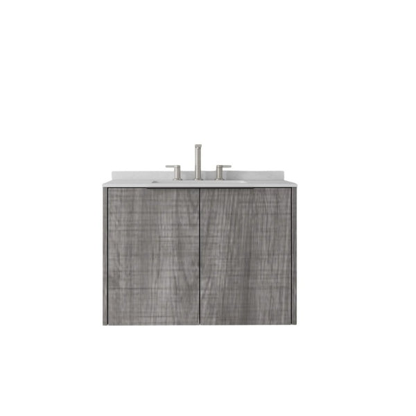 English Elm 30 Inch Wall Mounted Bathroom Vanity with Cultured Marble Top and Soft Close Door Grey Carrara White - B B2775S00108