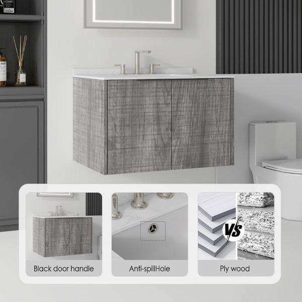 English Elm 30 Inch Wall Mounted Bathroom Vanity with Cultured Marble Top and Soft Close Door Grey Carrara White - B B2775S00108