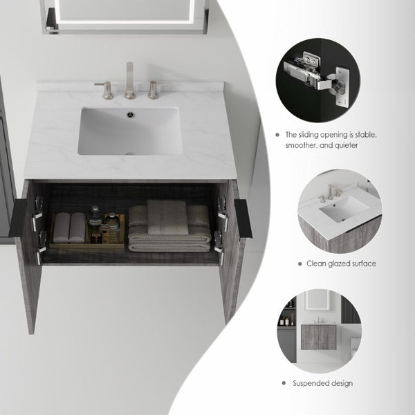 English Elm 30 Inch Wall Mounted Bathroom Vanity with Cultured Marble Top and Soft Close Door Grey Carrara White - B B2775S00108