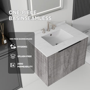 English Elm 30 Inch Wall Mounted Bathroom Vanity with Cultured Marble Top and Soft Close Door Grey Carrara White - B B2775S00108