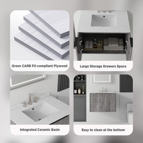 English Elm 30 Inch Wall Mounted Bathroom Vanity with Cultured Marble Top and Soft Close Door Grey Carrara White - B B2775S00108