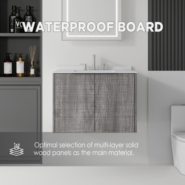 English Elm 30 Inch Wall Mounted Bathroom Vanity with Cultured Marble Top and Soft Close Door Grey Carrara White - B B2775S00108