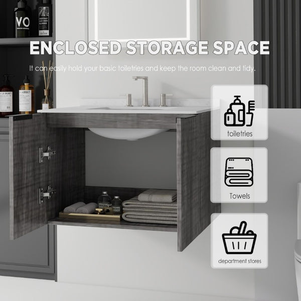 English Elm 30 Inch Wall Mounted Bathroom Vanity with Cultured Marble Top and Soft Close Door Grey Carrara White - B B2775S00108