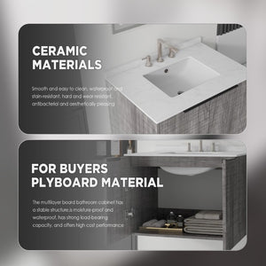 English Elm 30 Inch Wall Mounted Bathroom Vanity with Cultured Marble Top and Soft Close Door Grey Carrara White - B B2775S00108