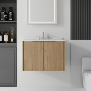 English Elm 30 Inch Wall Mounted Bathroom Vanity with Cultured Marble Top and Soft Close Door Oak Carrara White - B B2775S00109