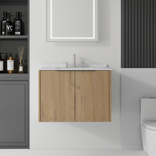English Elm 30 Inch Wall Mounted Bathroom Vanity with Cultured Marble Top and Soft Close Door Oak Carrara White - B B2775S00109