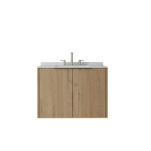 English Elm 30 Inch Wall Mounted Bathroom Vanity with Cultured Marble Top and Soft Close Door Oak Carrara White - B B2775S00109