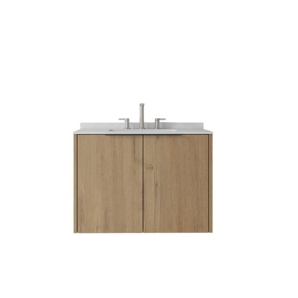 English Elm 30 Inch Wall Mounted Bathroom Vanity with Cultured Marble Top and Soft Close Door Oak Carrara White - B B2775S00109