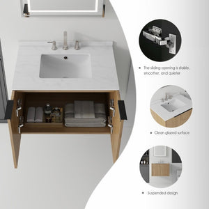 English Elm 30 Inch Wall Mounted Bathroom Vanity with Cultured Marble Top and Soft Close Door Oak Carrara White - B B2775S00109