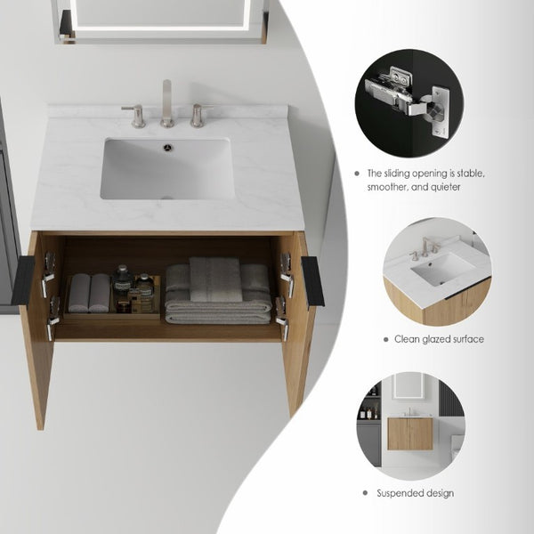 English Elm 30 Inch Wall Mounted Bathroom Vanity with Cultured Marble Top and Soft Close Door Oak Carrara White - B B2775S00109