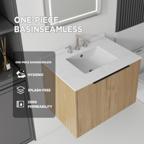 English Elm 30 Inch Wall Mounted Bathroom Vanity with Cultured Marble Top and Soft Close Door Oak Carrara White - B B2775S00109