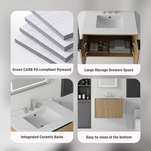 English Elm 30 Inch Wall Mounted Bathroom Vanity with Cultured Marble Top and Soft Close Door Oak Carrara White - B B2775S00109