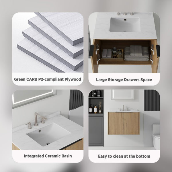 English Elm 30 Inch Wall Mounted Bathroom Vanity with Cultured Marble Top and Soft Close Door Oak Carrara White - B B2775S00109