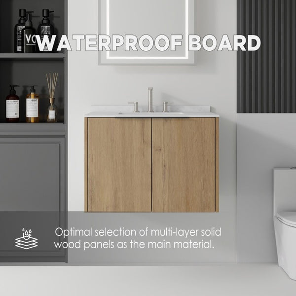 English Elm 30 Inch Wall Mounted Bathroom Vanity with Cultured Marble Top and Soft Close Door Oak Carrara White - B B2775S00109