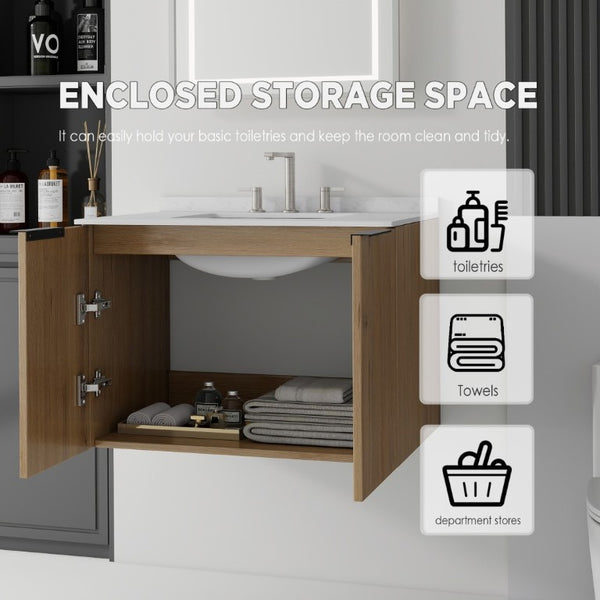 English Elm 30 Inch Wall Mounted Bathroom Vanity with Cultured Marble Top and Soft Close Door Oak Carrara White - B B2775S00109
