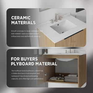 English Elm 30 Inch Wall Mounted Bathroom Vanity with Cultured Marble Top and Soft Close Door Oak Carrara White - B B2775S00109