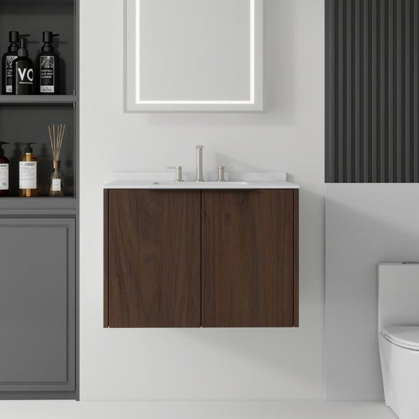 English Elm 30 Inch Wall Mounted Bathroom Vanity with Cultured Marble Top and Soft Close Door Brown Carrara White B2775S00110