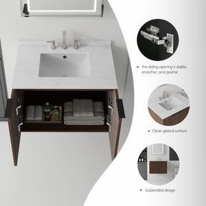 English Elm 30 Inch Wall Mounted Bathroom Vanity with Cultured Marble Top and Soft Close Door Brown Carrara White B2775S00110