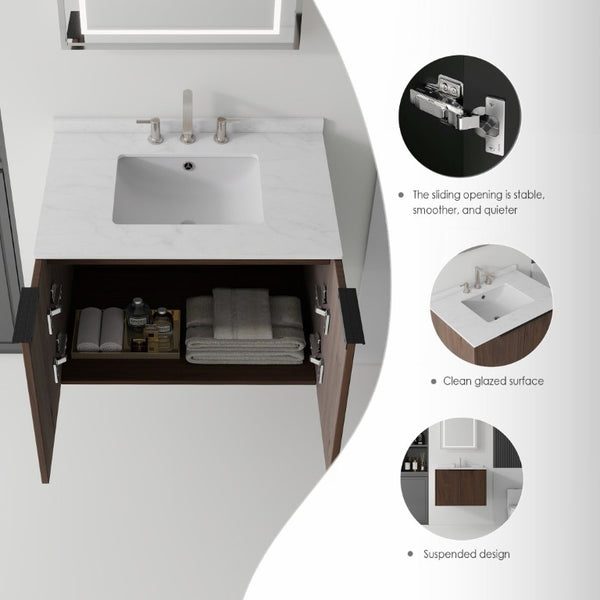 English Elm 30 Inch Wall Mounted Bathroom Vanity with Cultured Marble Top and Soft Close Door Brown Carrara White B2775S00110