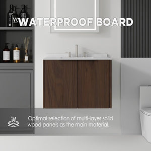 English Elm 30 Inch Wall Mounted Bathroom Vanity with Cultured Marble Top and Soft Close Door Brown Carrara White B2775S00110