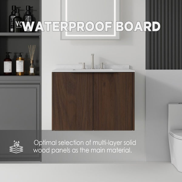English Elm 30 Inch Wall Mounted Bathroom Vanity with Cultured Marble Top and Soft Close Door Brown Carrara White B2775S00110