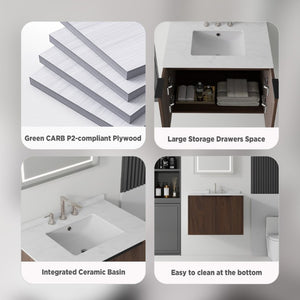 English Elm 30 Inch Wall Mounted Bathroom Vanity with Cultured Marble Top and Soft Close Door Brown Carrara White B2775S00110