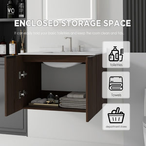 English Elm 30 Inch Wall Mounted Bathroom Vanity with Cultured Marble Top and Soft Close Door Brown Carrara White B2775S00110