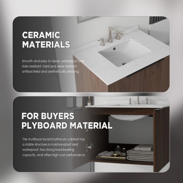 English Elm 30 Inch Wall Mounted Bathroom Vanity with Cultured Marble Top and Soft Close Door Brown Carrara White B2775S00110