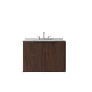 English Elm 30 Inch Wall Mounted Bathroom Vanity with Cultured Marble Top and Soft Close Door Brown Carrara White B2775S00110
