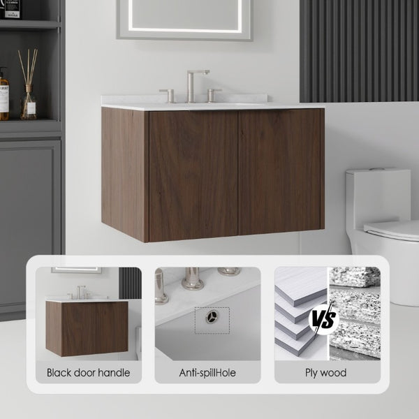 English Elm 30 Inch Wall Mounted Bathroom Vanity with Cultured Marble Top and Soft Close Door Brown Carrara White B2775S00110