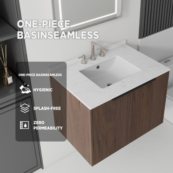 English Elm 30 Inch Wall Mounted Bathroom Vanity with Cultured Marble Top and Soft Close Door Brown Carrara White B2775S00110