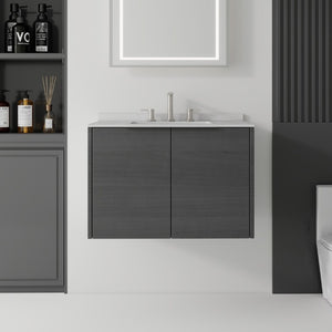 English Elm 30 Inch Wall Mounted Bathroom Vanity with Cultured Marble Top and Soft Close Door Grey Granite White - A B2775S00111