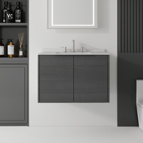 English Elm 30 Inch Wall Mounted Bathroom Vanity with Cultured Marble Top and Soft Close Door Grey Granite White - A B2775S00111