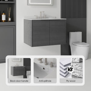 English Elm 30 Inch Wall Mounted Bathroom Vanity with Cultured Marble Top and Soft Close Door Grey Granite White - A B2775S00111