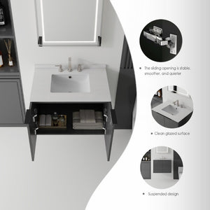 English Elm 30 Inch Wall Mounted Bathroom Vanity with Cultured Marble Top and Soft Close Door Grey Granite White - A B2775S00111