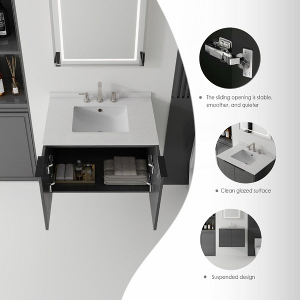 English Elm 30 Inch Wall Mounted Bathroom Vanity with Cultured Marble Top and Soft Close Door Grey Granite White - A B2775S00111