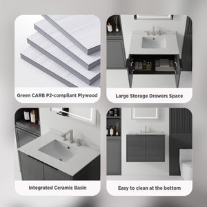 English Elm 30 Inch Wall Mounted Bathroom Vanity with Cultured Marble Top and Soft Close Door Grey Granite White - A B2775S00111