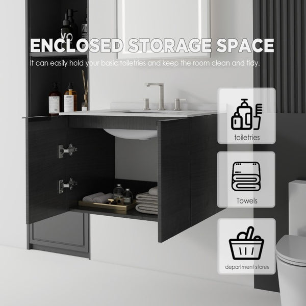 English Elm 30 Inch Wall Mounted Bathroom Vanity with Cultured Marble Top and Soft Close Door Grey Granite White - A B2775S00111