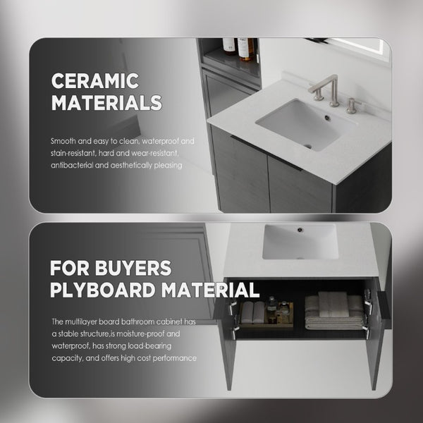 English Elm 30 Inch Wall Mounted Bathroom Vanity with Cultured Marble Top and Soft Close Door Grey Granite White - A B2775S00111
